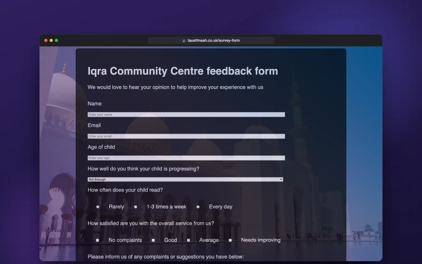 Iqra Community Centre Feedback Form screenshot